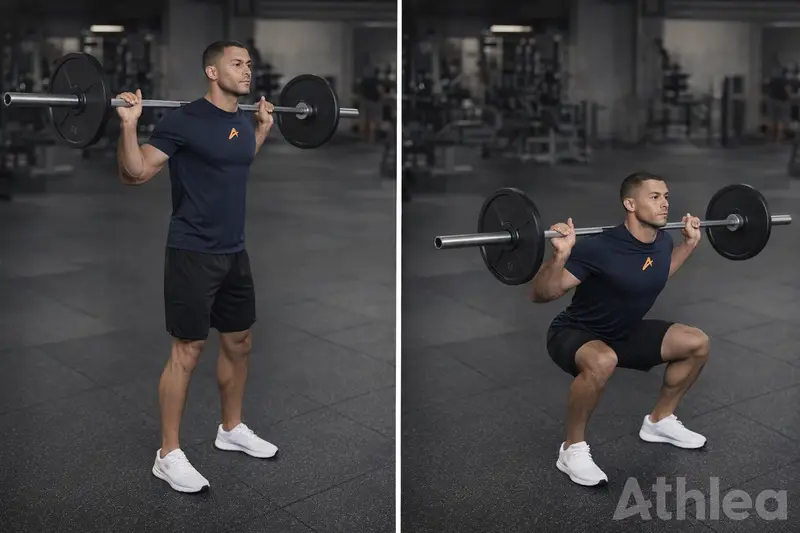 Barbell low bar squat reference: standing on the left, bottom position on the right