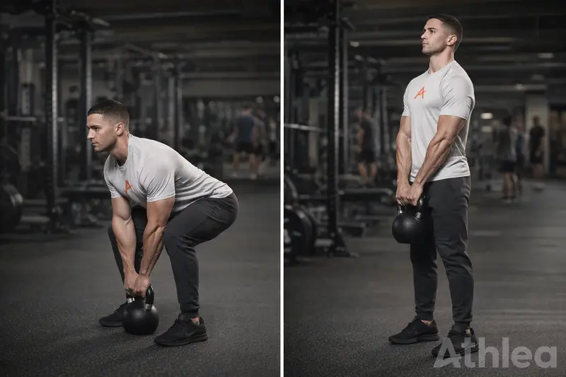Kettlebell deadlift reference: bottom position on the left, lockout on the right