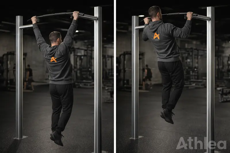 Pull-up reference: dead hang on the left, chin over the bar on the right